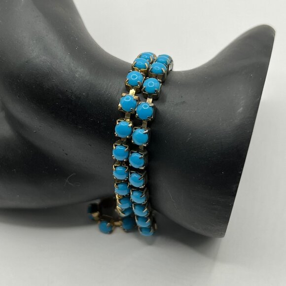 Vintage Beaded Bracelets Set of Two Cabochon Teal Stones Prong Set Gold Tone - Picture 1 of 6